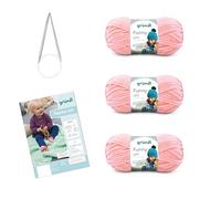 120 Gründl Wolle Funny uni - weiche Chenille Wolle mit Nadel und Anleitung für eine Babydecke - Kuschelig und hautfreundlich - 100% Polyester - 3 Knäuel 100 g m - Nadelstärke 5-6, zuckerwatte