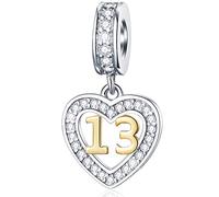 13-Jahre alte Geburtstag Charms passen Pandora Stil Armband, 18K Gold Nummer 13 Dangle, 925 Sterling Silber 13th Anniversary Herz Halskette Perlen mit Geburtssteinen, Geschenke für Baby Boy/Mädchen