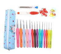 14 Stück extra lange Häkelnadeln mit weichem TPR-Griff, Aluminium-Stricknadel-Set für Weberei und Handarbeitsprojekte, inklusive Schere, Maßband und Zubehör für selbstgemachte (Blaues Scherenset)