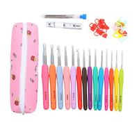 14 Stück extra lange Häkelnadeln mit weichem TPR-Griff, Aluminium-Stricknadel-Set für Weberei und Handarbeitsprojekte, inklusive Schere, Maßband und Zubehör für selbstgemachte (Rosa Maßband-Set)