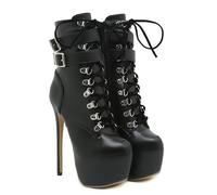 14CM/ 5.51IN Frauen Ankle Boots Lace Up Stiletto Heel Dicke Sohle Reiter Stiefel Gürtelschnalle Seitlicher Reißverschluss Party Kleid Große Größe Kurze Stiefel,Schwarz,37 EU