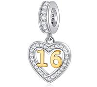 16 Jahre alte Geburtstag Charms passen Pandora Momente Armband, 18K Gold Zahl 16 Dangle, 925 Sterling Silber 16th Anniversary Herz Anhänger Bead mit CZ, Geschenke für Großmutter/Enkel