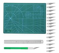 16stk Schneidematte Set, Selbstheilende Bastelunterlage Mat mit Schnitzmesser, A4 Cutting Mat/Bastelmesser und Stahllineal Grün/für Handrückenbretter, Mauspads, Schreiben