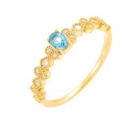 18 Karat Gold 750 Echte Verlobungsring mit Oval Blau Topas, Blumen Klee 18K Gelbgold Solitärring Moissanit Gr.49 (15.6)