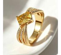 18 Karat vergoldeter Kupfer-Ring mit Princess-Schliff gelbem Kubikzirkonia für Frauen, verdrehtes Pavé-Akzent Statement-Band, eleganter Verlobungsstil