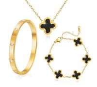 18K Vergoldet Vierblättriges Kleeblatt Armband, 18K Vergoldet Vierblättriges Kleeblatt Anhänger Halskette, Gold Armband Cubic Zirkonia Armreif, 3 PCS Schmuck Set für Geschenke Geburtstags (Schwarz)