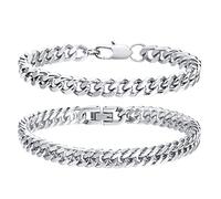 19 Herren Armband Edelstahl Armbänder Panzerkette - 2 Stücke Silber Schwarz Herrenarmbänder für Männer Jungs Kubanische Armband 10mm Breite 19cm/21cm/23cm Länge Geschenke für Ehemann