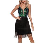 1920er Fransenkleid mit Träger Sexy Schulterfrei Partykleid Elegant Einfarbige Lateinisches Tanzkleid ärmellos Quadratischer Kragen Quastenkleid Knielang Cocktailkleid Wickelkleider