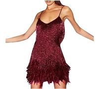 1920er Fransenkleid mit Träger Sexy Schulterfrei Partykleid Elegant Einfarbige Lateinisches Tanzkleid ärmellos Quadratischer Kragen Quastenkleid Knielang Cocktailkleid Wickelkleider