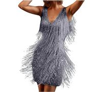 1920er Fransenkleid mit Träger Sexy Schulterfrei Partykleid Elegant Einfarbige Lateinisches Tanzkleid ärmellos Quadratischer Kragen Quastenkleid Knielang Cocktailkleid Wickelkleider