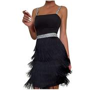 1922er Fransenkleid mit Träger Sexy Schulterfrei Partykleid Elegant Einfarbige Lateinisches Tanzkleid ärmellos Quadratischer Kragen Quastenkleid Knielang Cocktailkleid Wickelkleider