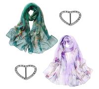 2 Damen-Chiffon-Schals Mit 2 Seidenschal-Schnallen, Warmer Winterschal, Atmungsaktiver Schal, Leichter Floraler Seidenschal, Turban-Schal Aus Seide, Geeignet Für Den Täglichen Gebrauch, Reisen