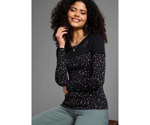 2-in-1-Langarmshirt KANGAROOS, Damen, Gr. 32/34, schwarz, Obermaterial: 100% Baumwolle, bedruckt, gemustert, kontrastfarbene Details, figurbetont, Shirts, Langarm, bedruckt und gemustert, für die Frei