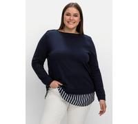 2-in-1-Langarmshirt SHEEGO "2-in-1-Shirt", Damen, Gr. 56/58, blau (nachtblau), 100% Baumwolle, Webware:100% Polyester, gemustert, unifarben, U-Boot-Ausschnitt, Shirts (74010050-56) nachtblau