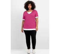 2-in-1-Shirt SHEEGO "2-in-1-Shirt", Damen, Gr. 52/54, fuchsia, weiß, 60% Baumwolle, 40% Polyester, gemustert, mehrfarbig, Rundhals, Shirts 2-in-1 Shirt (49413922-52) fuchsia, weiß