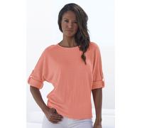 2-in-1-Shirt VIVANCE "zum Krempeln", Damen, Gr. 44/46, orange (peach), Crêpe, Obermaterial: 98% Polyester, 2% Elasthan, unifarben, lässig geschnitten normal, Rundhals, mit Riegel, Shirts 2-in-1 Shirt,