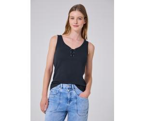 2-in-1-Tanktop STREET ONE STUDIO, Damen, Gr. 46, schwarz (maritime blau), Web, 50% Baumwolle, 50% Modal, unifarben, normal normal, V-Ausschnitt, abgesteppt, Tops, aus softem Materialmix (82200523-46)