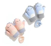 2 paar Babyhandschuhe, wintergewebte Handschuhe, süße Dinosaurierhandschuhe, hängende Nackenhandschuhe, geeignet für Säuglinge und Kleinkinder im Alter von 1-3 Jahren (blau, pink)