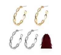 2 Paar Creolen, 1 Aufbewahrungstasche, Damen-Creolen, 925 Gedrehte Silberohrringe, Silber-Gold-Diamant-Ohrringe, Leichte Baumelnde Ohrringe, Hypoallergene Ohrringe