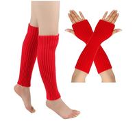 2 Paar Damen Beinstulpen Pulswärmer Stulpen Set Frauen Winter Crochet Stricken Lange Armstulpen Winter Warme Halbfinger Lange Gestrickt Beinwärmer Legwarmers Gestrickte für Yoga Tanzen (Red, One Size)