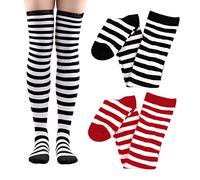 2 Paar Damen Overknee Socken Stretch Stripe Long Tube Polyester Socken Party Socken für Karneval Cosplay 80er