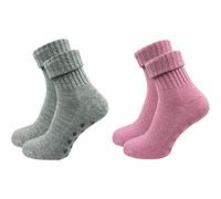 2 Paar Damen Stoppersocken aus Wolle | Rutschfeste Hausschuhsocken | Weiche, kuschlige & warme Socken mit Noppen (as3, numeric, numeric_39, numeric_42, regular, regular, hellgrau | rosa (farbig 2))