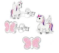 2 Paar Einhorn + Glitzer Schmetterling Set Ohrstecker 925 Echt Silber Mädchen Kinder Ohrringe