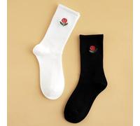 2 Paar interessante, personalisierte, cartoon- und süß bestickte Rosen-Muster Knöchelsocken für Männer und Frauen in Schwarz und Weiß, Herbst