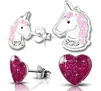 2 Paar Mädchen Ohrringe echt 925 Sterling Silber mit Zirkonia Edelstahl Kinder Ohrstecker Einhorn Pferde Herz (K207+K285)