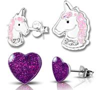 2 Paar Mädchen Ohrringe echt 925 Sterling Silber mit Zirkonia Edelstahl Kinder Ohrstecker Einhorn Pferde Herz (K207+K296)