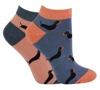 2 Paar Multipack Damen Bambus Trainer Socken | Miss Sparrow | Atmungsaktive Neuheit Tiermuster Socken - Wurst Hund US 37-40