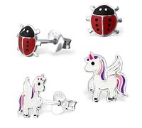 2 Paar Ohrstecker Set Ohrringe Mädchen Silber 925 mit Emaille Einhorn Pferd