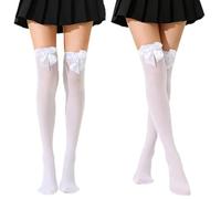 2 Paar Overknees Strümpfe Damen,Kostüm Overknee Stockings Weiß, Strümpfe mit Schleife geeignet für Hochzeiten, Karneval Fasching Cosplay usw