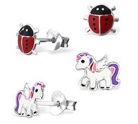 2 Paar Set Ohrstecker Marienkäfer Pegasus Einhorn 925 Sterling-Silber Mädchen Kinder Ohrringe