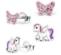 2 Paar Set Ohrstecker Rosa Kristall Schmetterling Einhorn 925 Sterling-Silber Mädchen Kinder-Ohrringe