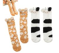 2 Paar Süße Tiersocken, Giraffensocken, Kuhsocken, Warme Socken Für Zu Hause, Kreative Cartoon-Socken, Korallensamt-Mittelwadensocken