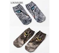 2 Paar unisex 3D Katzengesicht Muster unsichtbare Socken, realistisches Katzenauge Muster kurze Socken, weich atmungsaktiv kreative interessante Socke