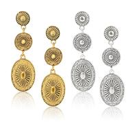 2 Paar Western Ohrringe für Damen, Ovale Vintage Ohrhänger im Tropfenstil Böhmischer Concho Schmuck für Country Konzert und Cowgirl Outfits (Gold, Silber)