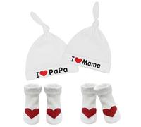 2 Paare Baby Socken und 2 Stück I Love Mama und I Love Papa Neugeborenen Mütze, Baby Geschenke für 0-3 Monate Baby Mädchen Jungen Unisex Baumwolle Hut und Süße Socken für Dusche Weihnachten Neues Jahr
