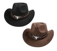 2 Pcs Western Cowboy Hat with Unique Bull Head Accessories Distressed Edged Outdoor Sun Protection Hat Wool Felt Multi Functional Unisex Cowboy Hat with Leather Strap (Brown
