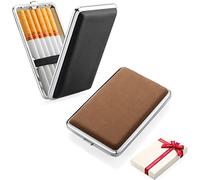2 PU Leder Zigarettenetui Metall Schwarz/Braun für 14 Zigaretten Mit Gummiband - Zigarettenschachtel für Damen Und Herren - Zigarettencase Mit Geschenkbox