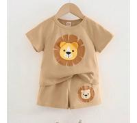 2 Stück Baby Jungen Cartoon Löwe Muster Strick Rundhals Kurzarm Top und Elastikbund Shorts Set