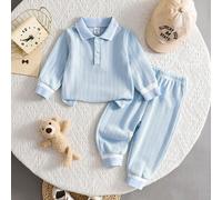 2 Stück Baby Jungen Lässiges strukturiertes Polokragen Halb-Reißverschluss Langarm Poloshirt mit elastischer Taillenzugkordel Hose Set, Kinderkleidung