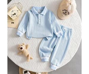 2 Stück Baby Jungen Lässiges strukturiertes Polokragen Halb-Reißverschluss Langarm Poloshirt mit elastischer Taillenzugkordel Hose Set, Kinderkleidung