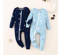 2 Stück Baby Jungen Langarm Schlafanzug Set, Enganliegend, Hellblau & Navy Langarm Jumpsuit mit süßem Weltraum-Muster, weiches & bequemes Material, id