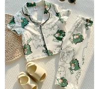 2 Stück Baby Jungen/Mädchen Cartoon Dinosaurier Karomuster Kurzarm Hemd mit Kragen und Hose mit Gummibund Set, Karokaromuster Pyjama Outfit für Frühli