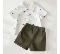 2 Stück Baby Jungen Set mit Cartoon Dinosaurier Muster, bestehend aus Strickjacke mit Kragen und Kurzarm sowie Shorts mit Gummibund