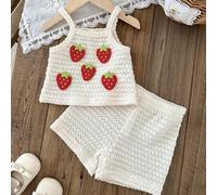 2 Stück Baby Mädchen ärmellose Camisole Set, kurz, einfarbiger strukturierter Stoff, 3D Erdbeermuster, kombiniert mit Shorts mit Gummibund, Lässig Set