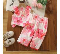 2 Stück Baby Mädchen Blumen Muster ärmelloses Rüschen Kragen Top und lässige Hose Set, geeignet für tägliche Ausflüge, Park, Urlaub, Strand, Partys, E