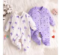 2 Stück Baby Mädchen Herbst/Winter Jumpsuit Schlafanzug mit Polka Punkte und Herz Muster, Fleece Kapuze, Langarm, Reißverschluss